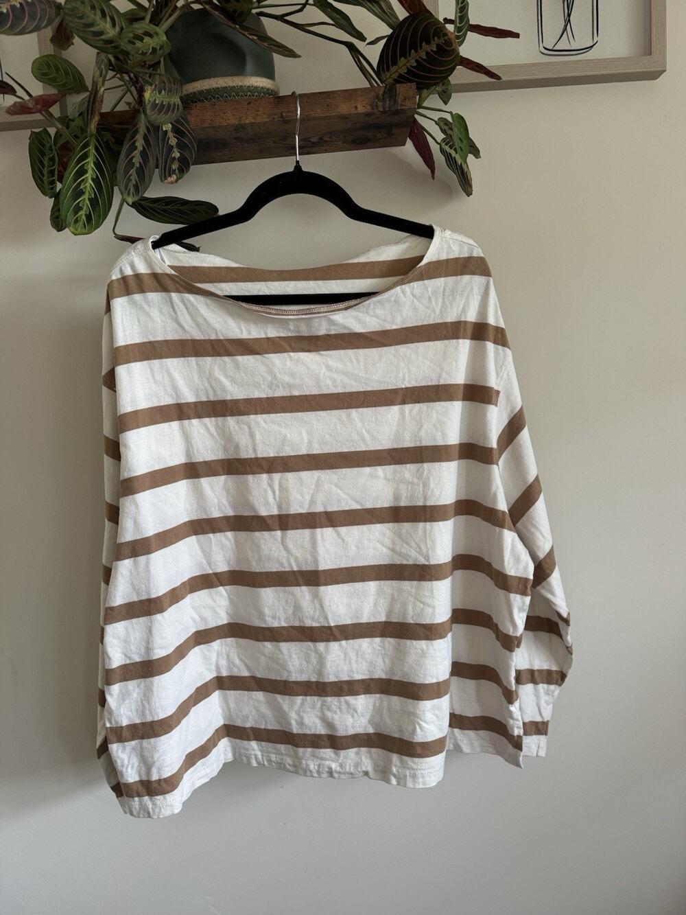 HM Womens Top XL Tan White Striped Long Sleeve Boat Neck Drop Shoulder Oversized